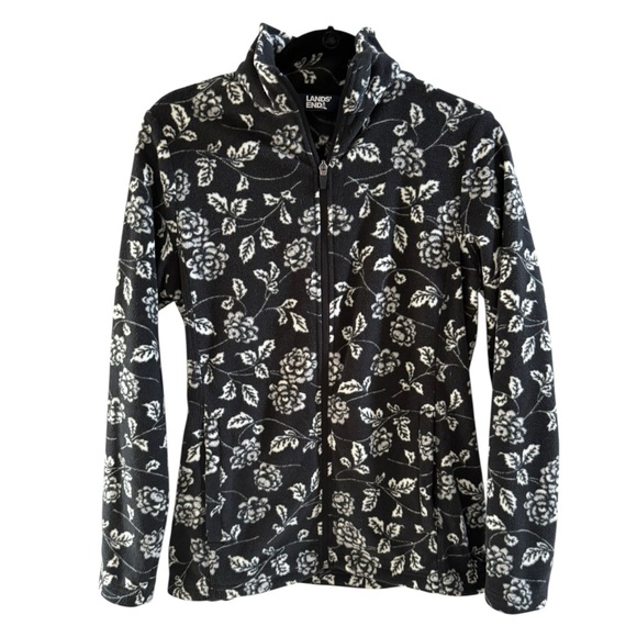 Lands' End Women's Floral Full Zip Fleece Jacket Size Medium Black White Layer - Picture 5 of 15